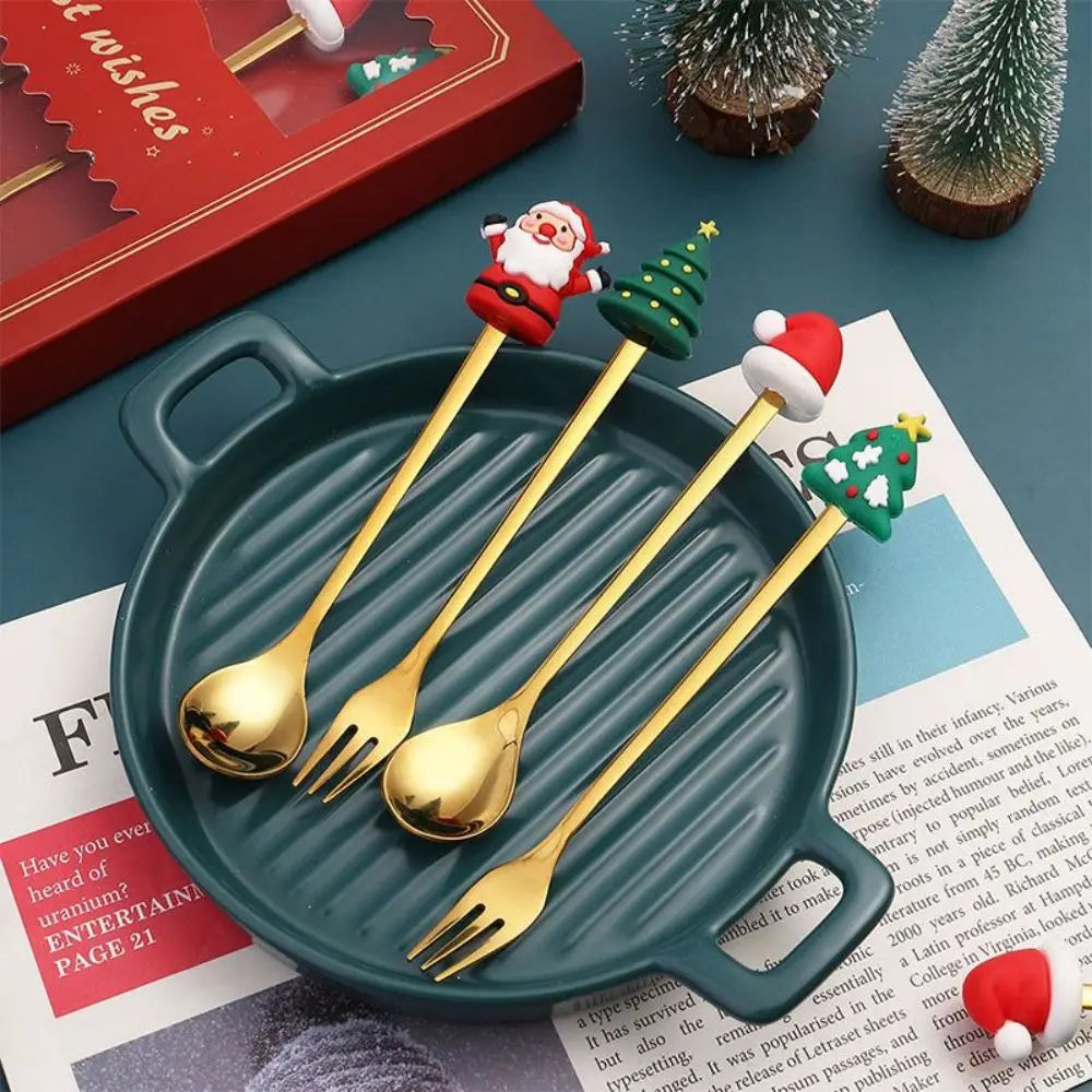 Christmas Themed Stainless Steel Cutlery Set – Creative Cartoon Knife, Fork & Spoon | 2/4/6pcs Festive Holiday Gift & Table Decoration