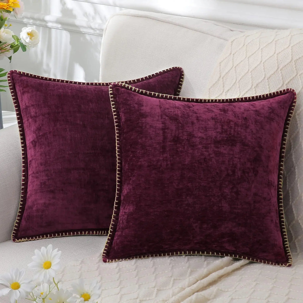 Kitinjoy Chenille Soft Throw Pillow Covers 18x18 – Set of 2 Velvet‑Look Cushion Covers with Stitched Edge for Sofa, Couch and Bed