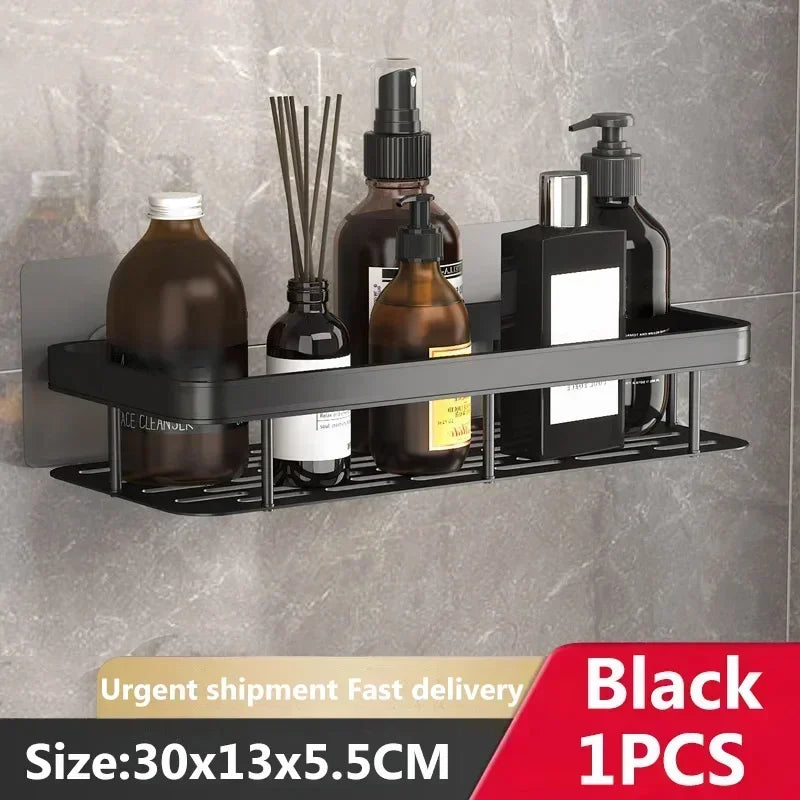 Wall-Mounted Corner Bathroom Shelf – No-Drill Dual-Tier Shower Rack with Towel Holder & Makeup Storage