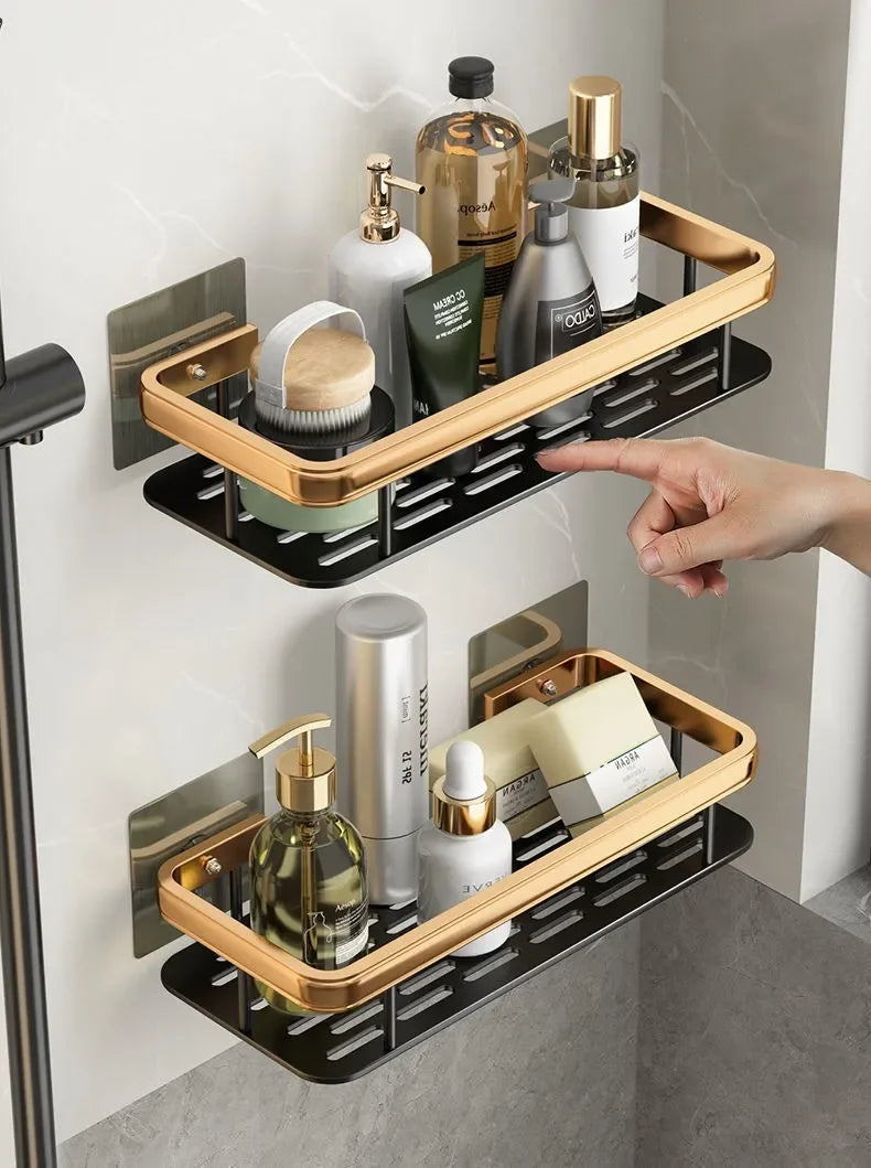 Wall-Mounted Corner Bathroom Shelf – No-Drill Dual-Tier Shower Rack with Towel Holder & Makeup Storage