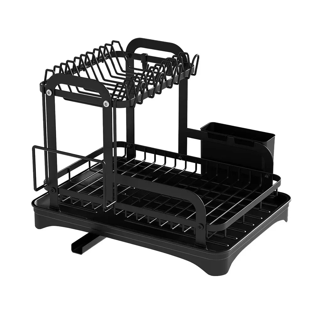 2‑Tier Dish Drying Rack with Drainboard – Metal Dish Drainer with Cutlery Basket and Bowl Storage