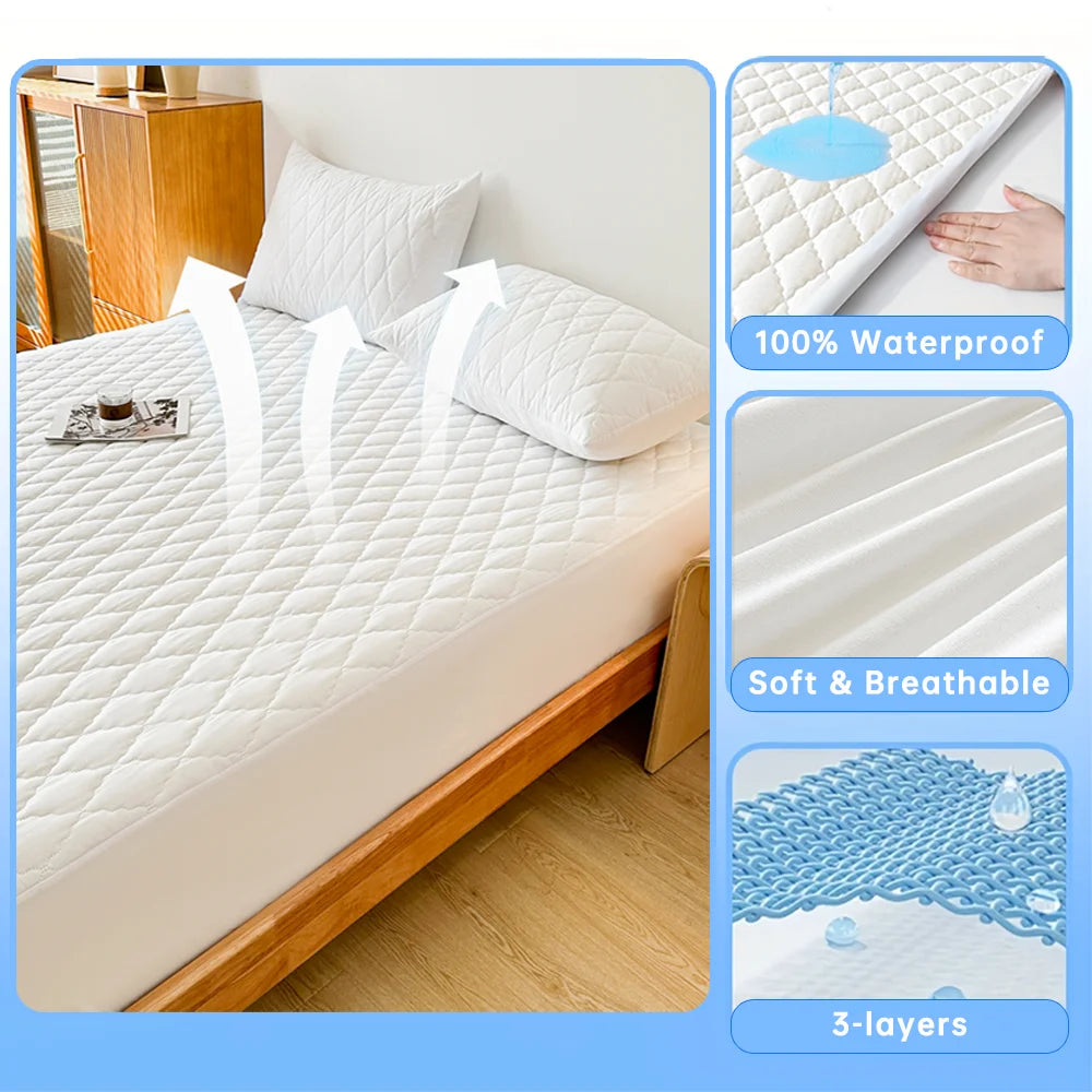 Waterproof Fitted Mattress Protector – Single, Double, 140/160 Sizes, Grey or White, Anti‑Dust Mite and Breathable
