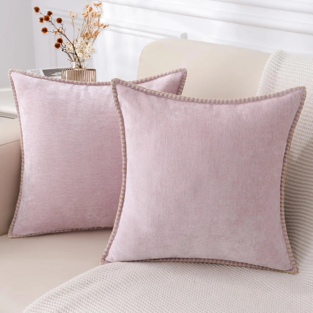Kitinjoy Chenille Soft Throw Pillow Covers 18x18 – Set of 2 Velvet‑Look Cushion Covers with Stitched Edge for Sofa, Couch and Bed