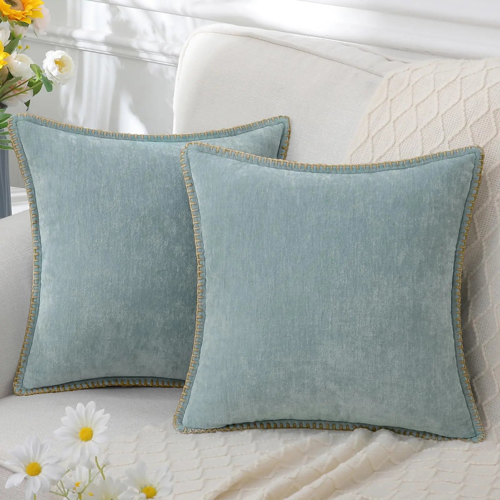 Kitinjoy Chenille Soft Throw Pillow Covers 18x18 – Set of 2 Velvet‑Look Cushion Covers with Stitched Edge for Sofa, Couch and Bed