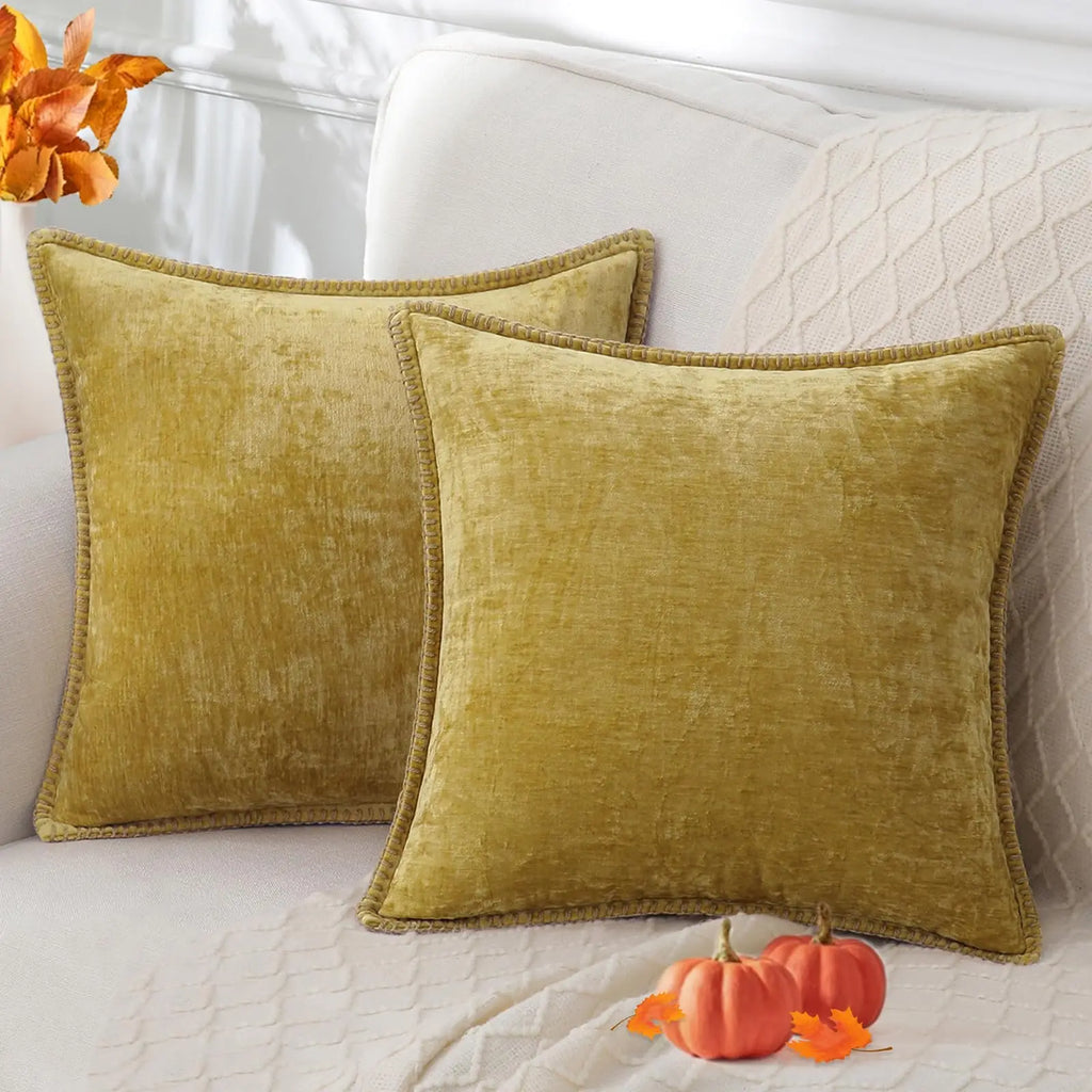Kitinjoy Chenille Soft Throw Pillow Covers 18x18 – Set of 2 Velvet‑Look Cushion Covers with Stitched Edge for Sofa, Couch and Bed