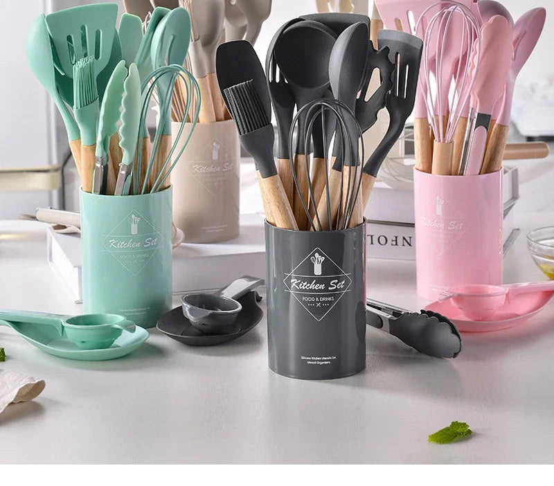 12Pcs Silicone Utensils Set – Non-Stick Kitchen Tools with Wooden Handles - Natural Woods