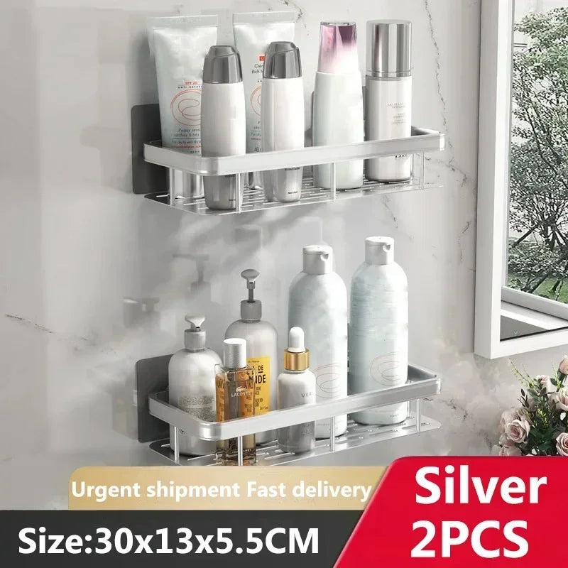 Wall-Mounted Corner Bathroom Shelf – No-Drill Dual-Tier Shower Rack with Towel Holder & Makeup Storage