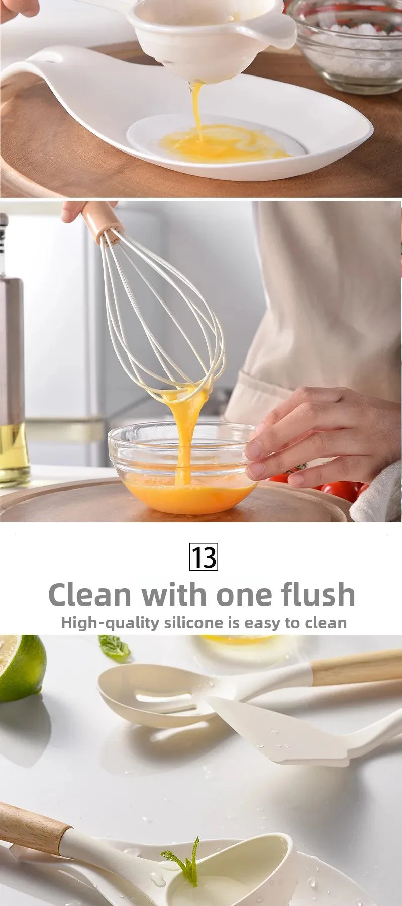 12Pcs Silicone Utensils Set – Non-Stick Kitchen Tools with Wooden Handles - Natural Woods