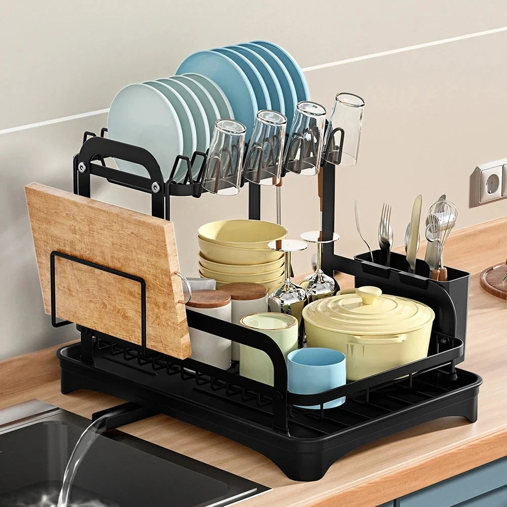 2‑Tier Dish Drying Rack with Drainboard – Metal Dish Drainer with Cutlery Basket and Bowl Storage