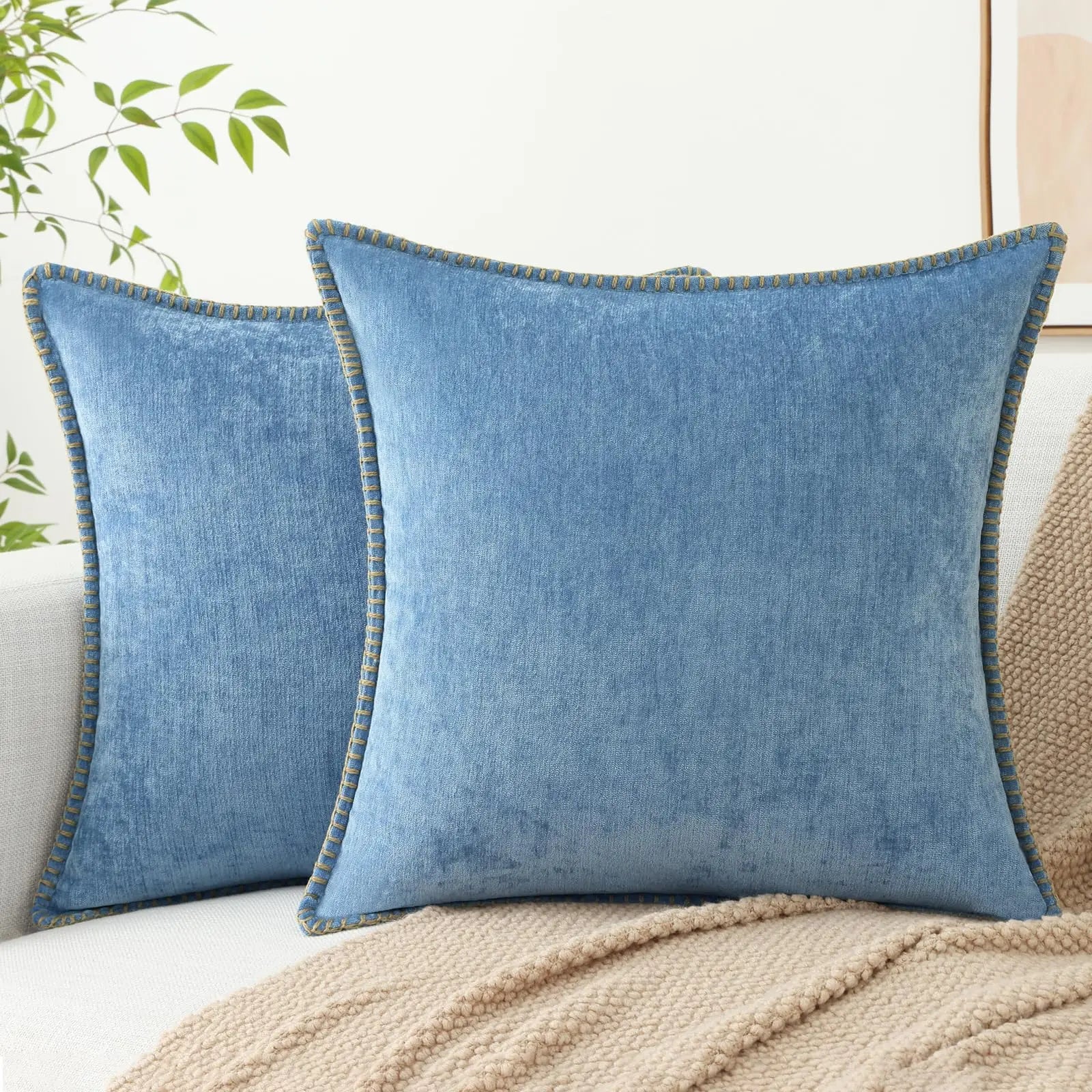 Kitinjoy Chenille Soft Throw Pillow Covers 18x18 – Set of 2 Velvet‑Look Cushion Covers with Stitched Edge for Sofa, Couch and Bed
