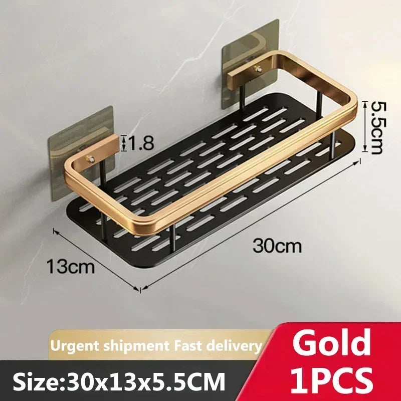 Wall-Mounted Corner Bathroom Shelf – No-Drill Dual-Tier Shower Rack with Towel Holder & Makeup Storage