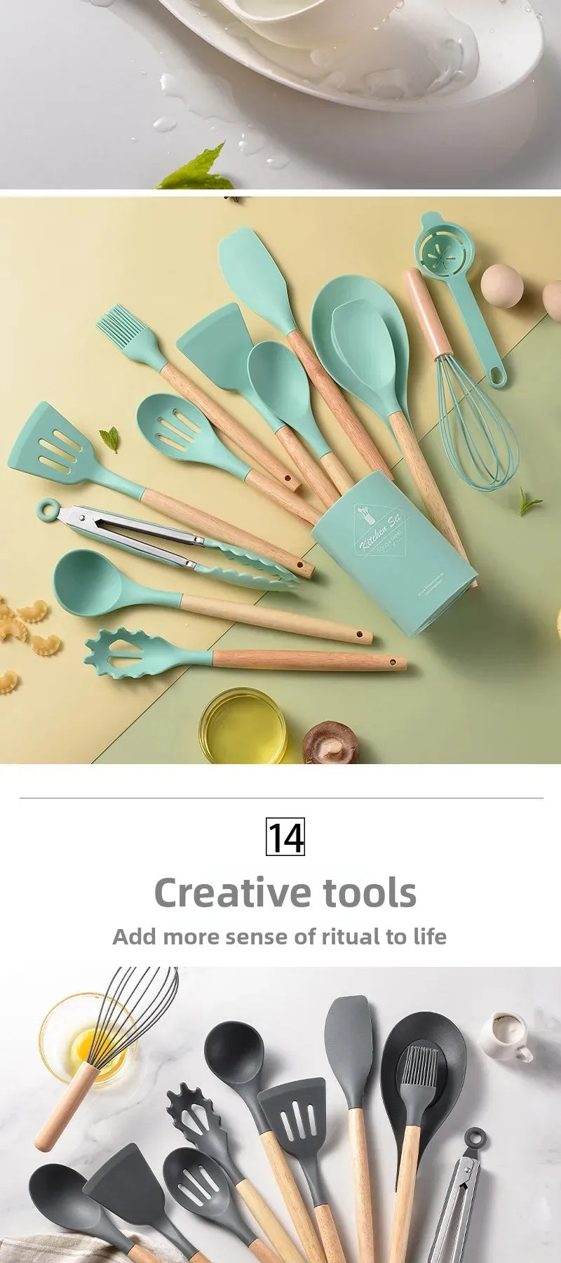 12Pcs Silicone Utensils Set – Non-Stick Kitchen Tools with Wooden Handles - Natural Woods