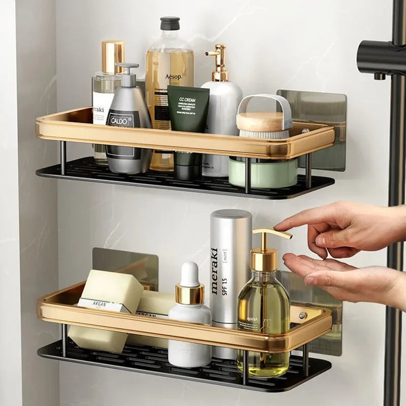 Wall-Mounted Corner Bathroom Shelf – No-Drill Dual-Tier Shower Rack with Towel Holder & Makeup Storage