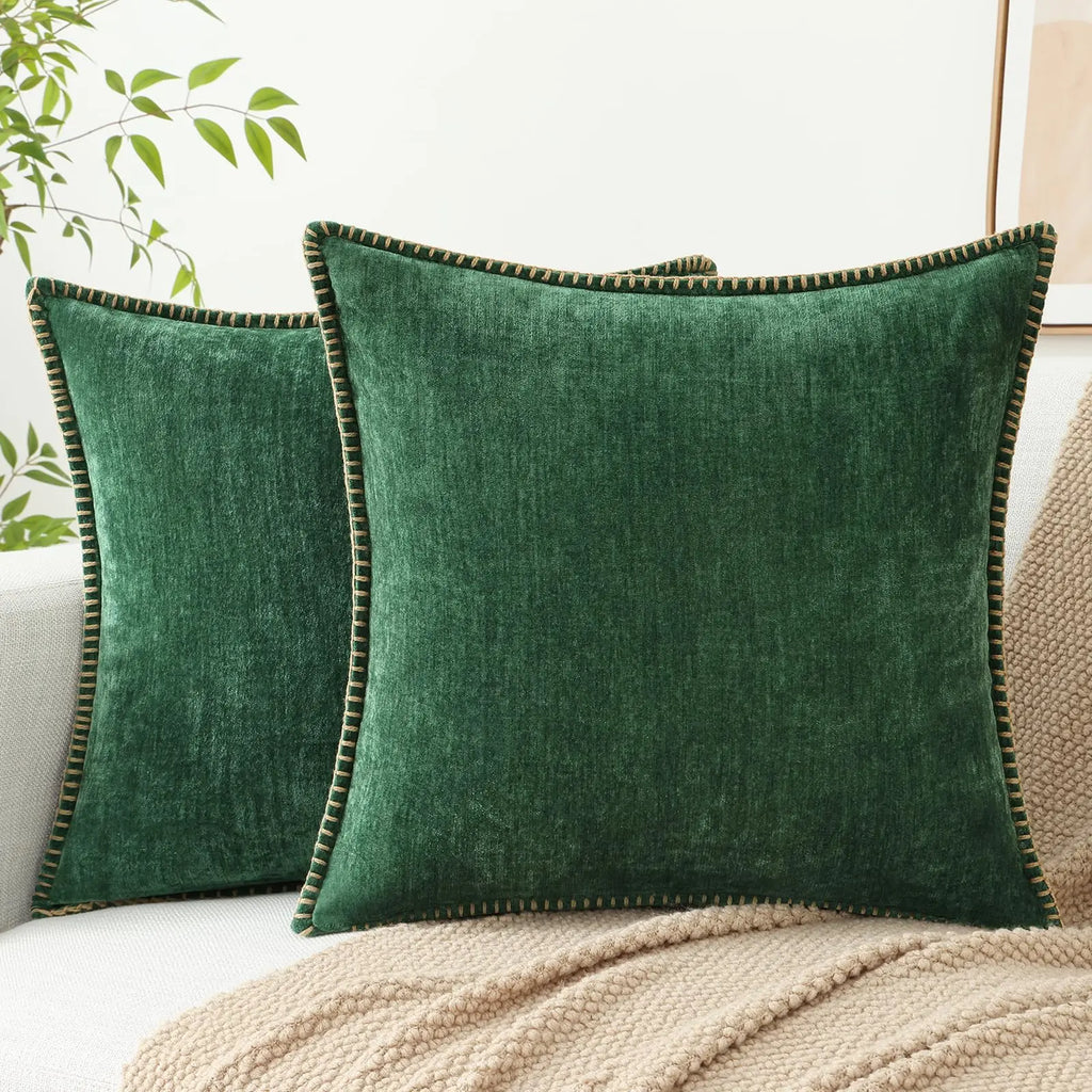 Kitinjoy Chenille Soft Throw Pillow Covers 18x18 – Set of 2 Velvet‑Look Cushion Covers with Stitched Edge for Sofa, Couch and Bed