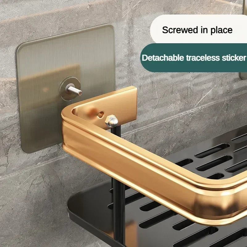 Wall-Mounted Corner Bathroom Shelf – No-Drill Dual-Tier Shower Rack with Towel Holder & Makeup Storage