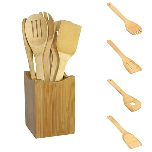 Bamboo Cooking Utensil Set – 6‑Piece Eco‑Friendly Wooden Spoon and Spatula Kit