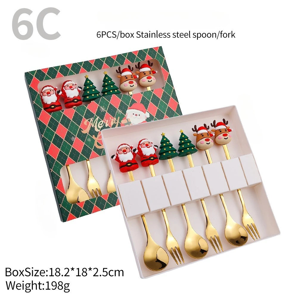 Christmas Themed Stainless Steel Cutlery Set – Creative Cartoon Knife, Fork & Spoon | 2/4/6pcs Festive Holiday Gift & Table Decoration