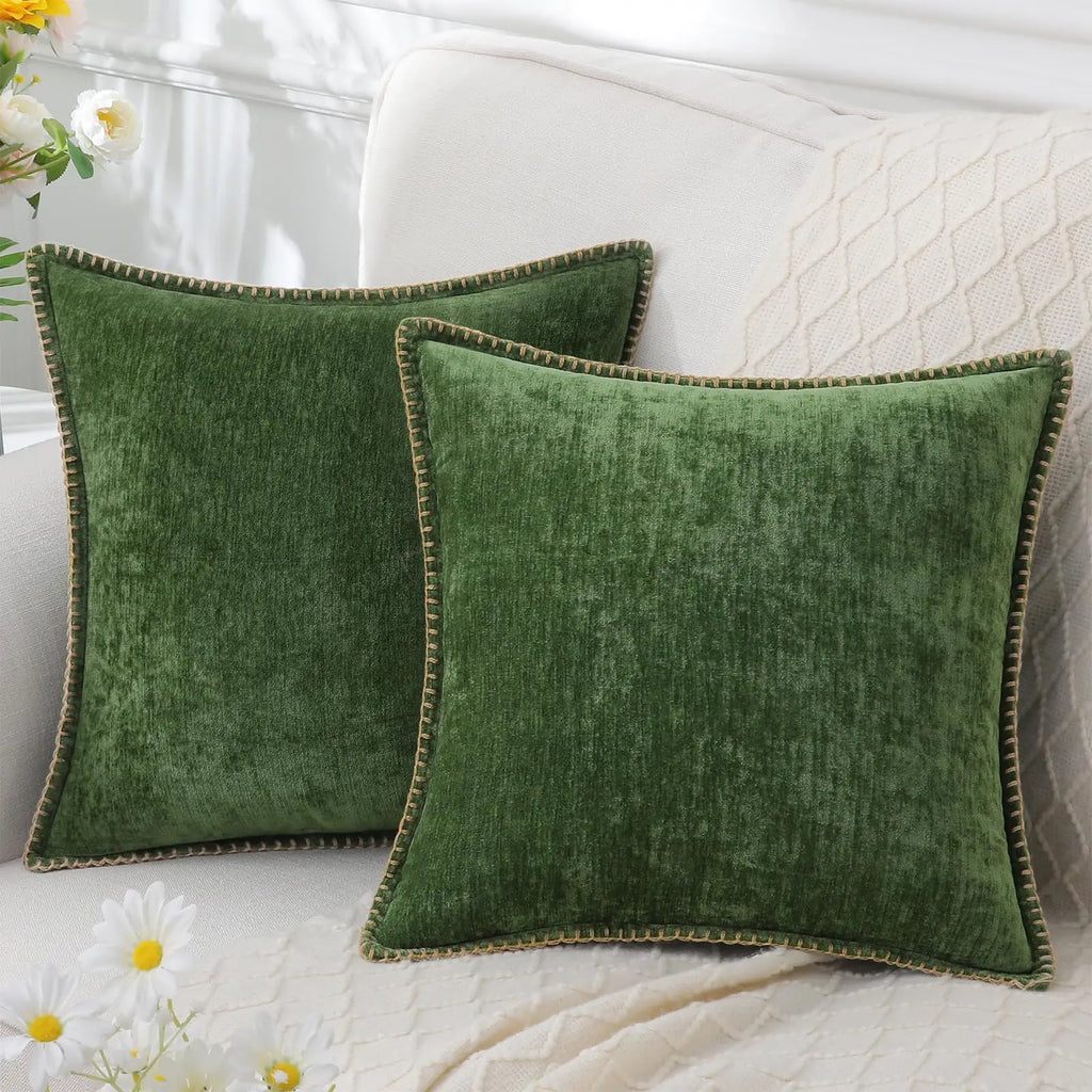 Kitinjoy Chenille Soft Throw Pillow Covers 18x18 – Set of 2 Velvet‑Look Cushion Covers with Stitched Edge for Sofa, Couch and Bed