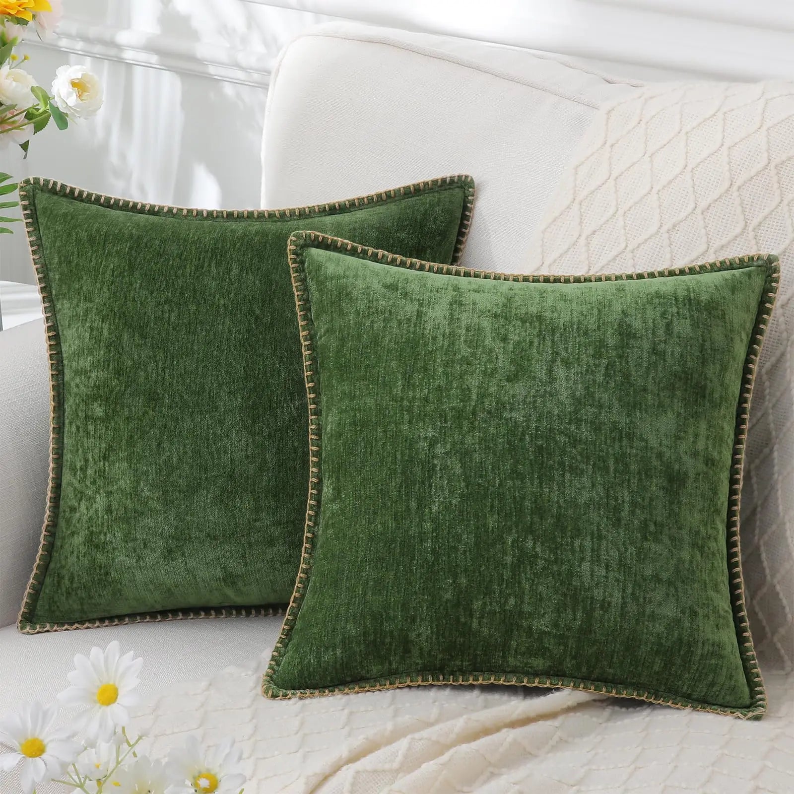 Kitinjoy Chenille Soft Throw Pillow Covers 18x18 – Set of 2 Velvet‑Look Cushion Covers with Stitched Edge for Sofa, Couch and Bed