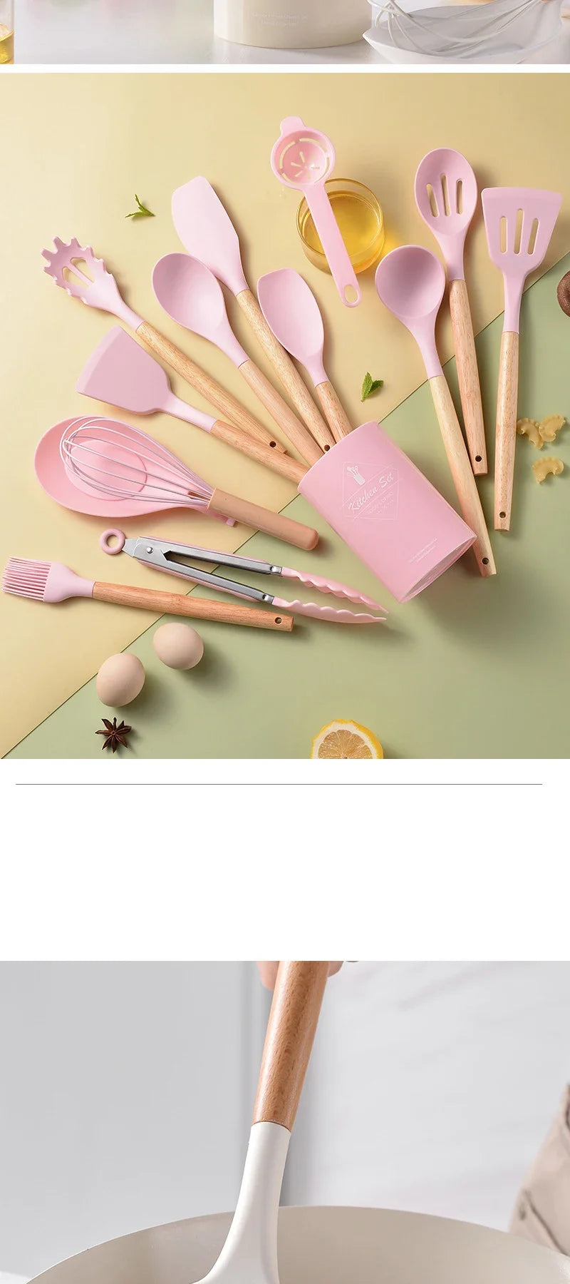 12Pcs Silicone Utensils Set – Non-Stick Kitchen Tools with Wooden Handles - Natural Woods