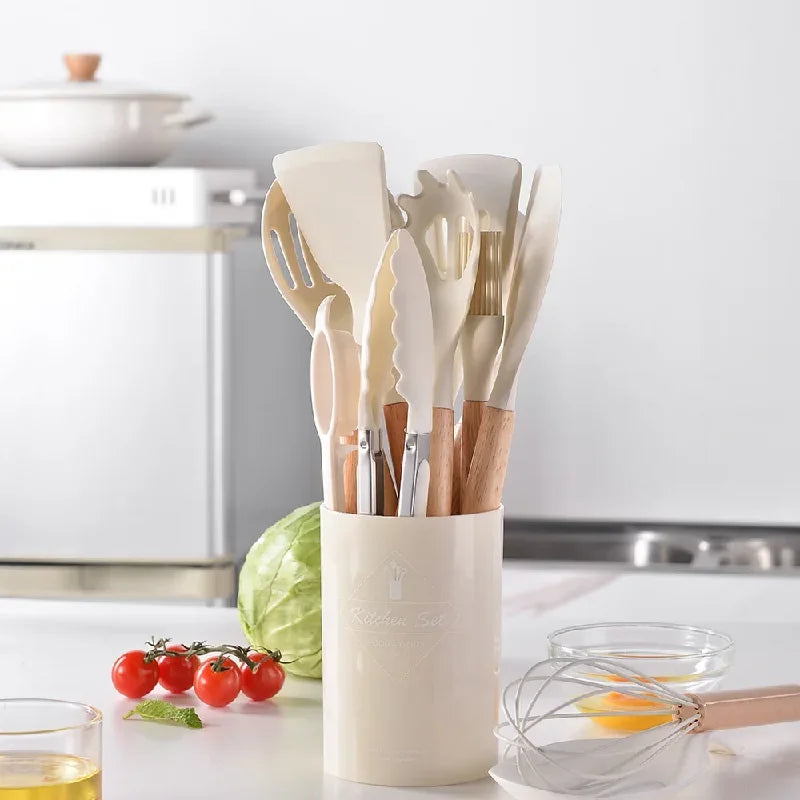 12Pcs Silicone Utensils Set – Non-Stick Kitchen Tools with Wooden Handles - Natural Woods