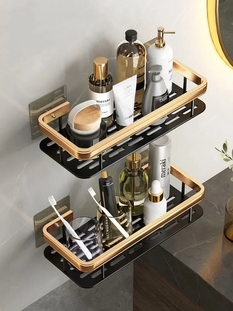 Wall-Mounted Corner Bathroom Shelf – No-Drill Dual-Tier Shower Rack with Towel Holder & Makeup Storage