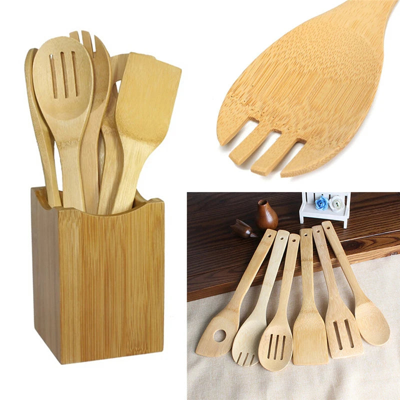 Bamboo Cooking Utensil Set – 6‑Piece Eco‑Friendly Wooden Spoon and Spatula Kit