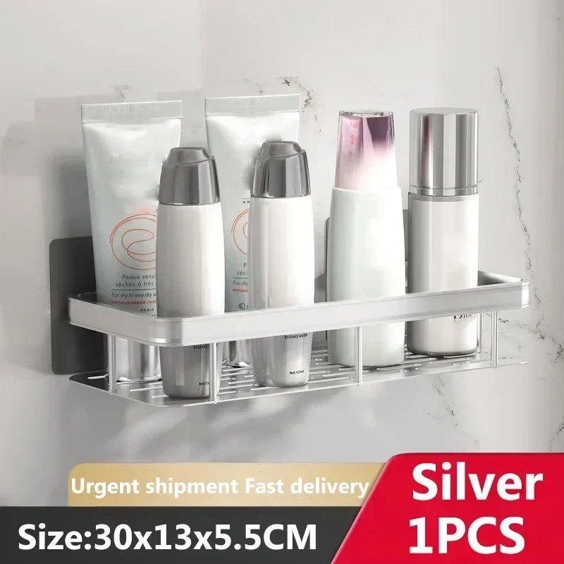 Wall-Mounted Corner Bathroom Shelf – No-Drill Dual-Tier Shower Rack with Towel Holder & Makeup Storage