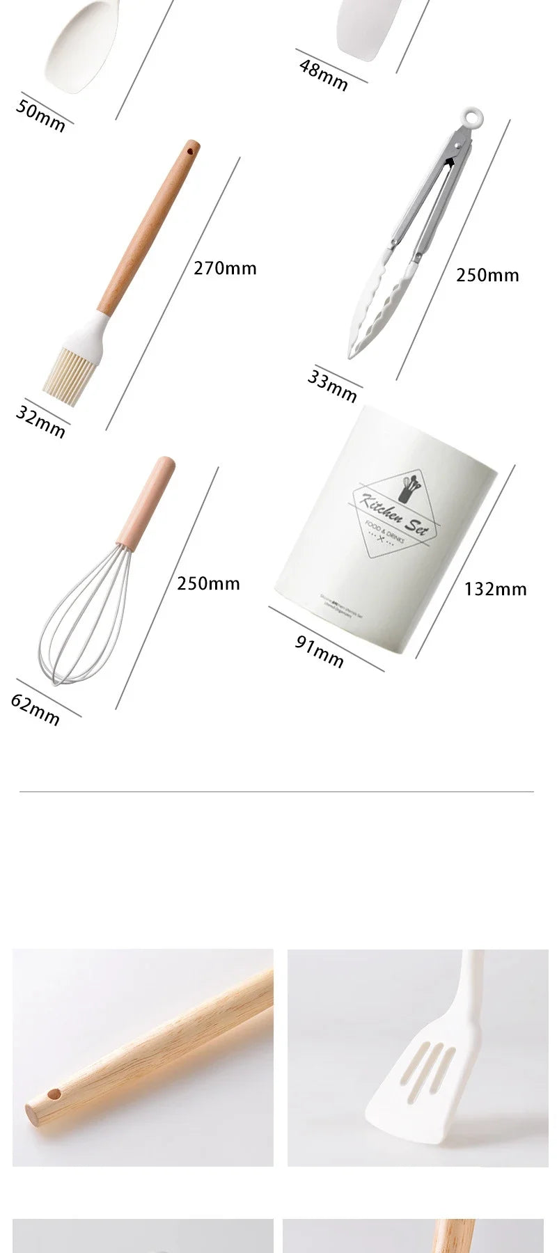 12Pcs Silicone Utensils Set – Non-Stick Kitchen Tools with Wooden Handles - Natural Woods