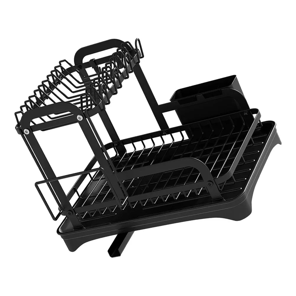 2‑Tier Dish Drying Rack with Drainboard – Metal Dish Drainer with Cutlery Basket and Bowl Storage
