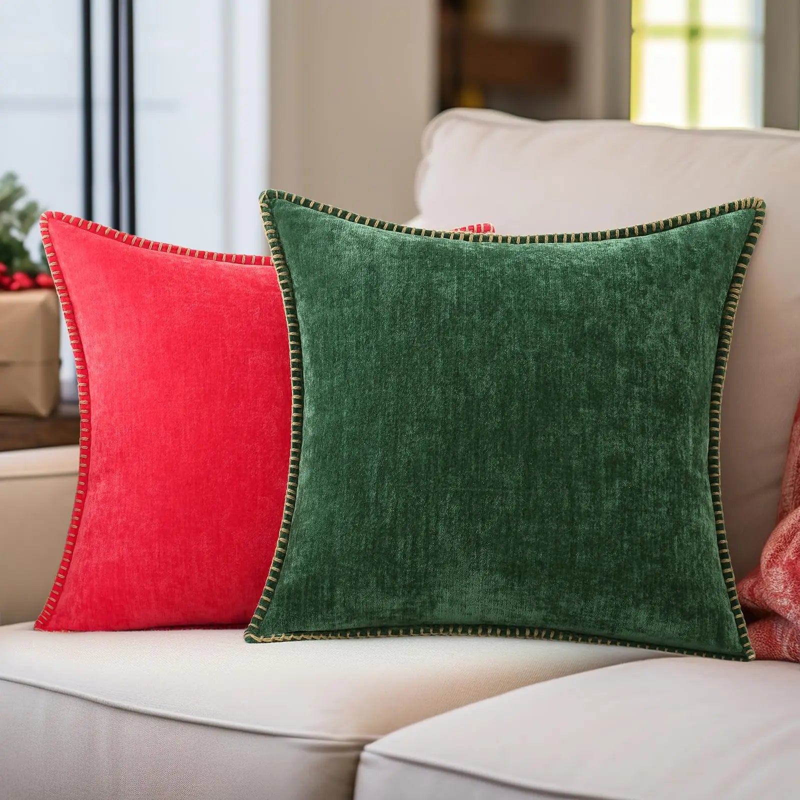 Kitinjoy Chenille Soft Throw Pillow Covers 18x18 – Set of 2 Velvet‑Look Cushion Covers with Stitched Edge for Sofa, Couch and Bed