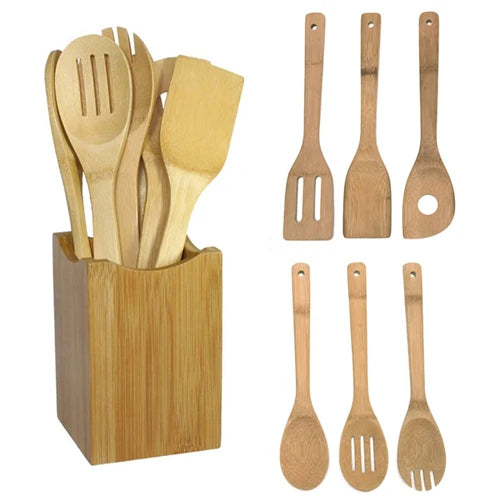 Bamboo Cooking Utensil Set – 6‑Piece Eco‑Friendly Wooden Spoon and Spatula Kit