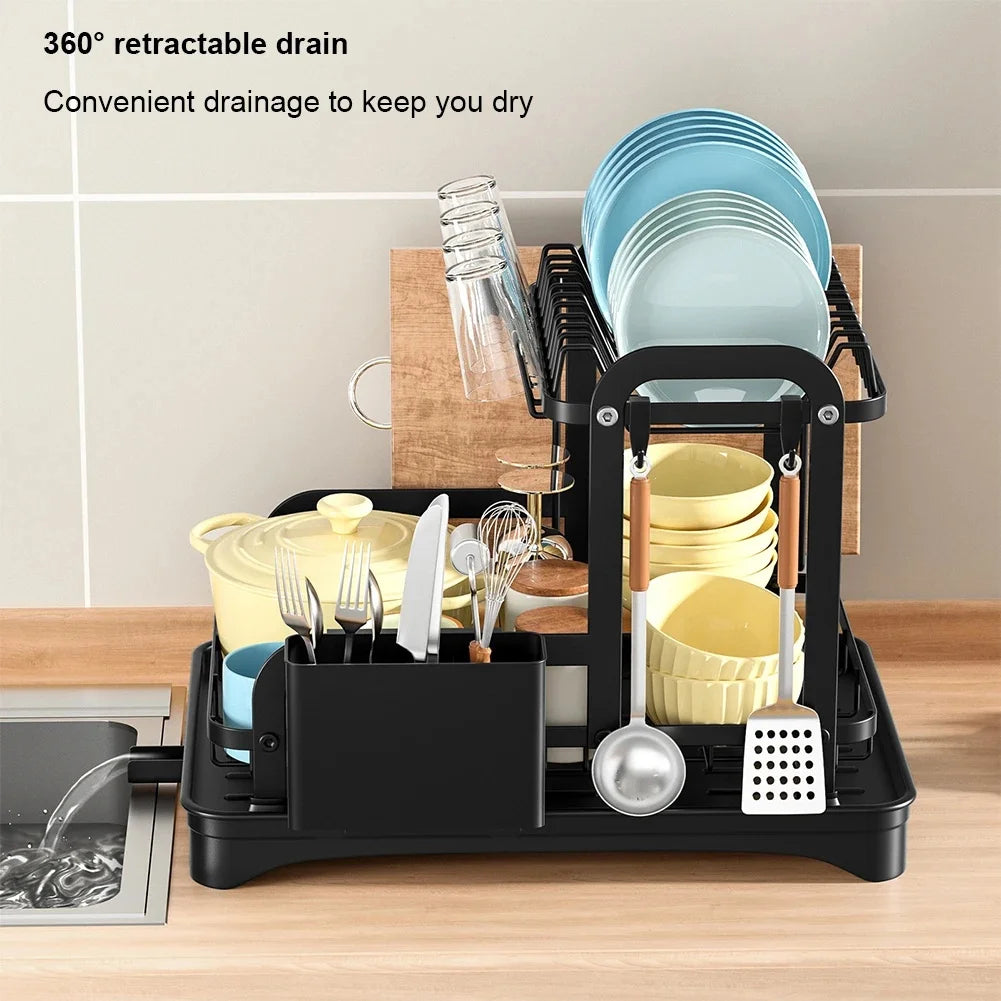 2‑Tier Dish Drying Rack with Drainboard – Metal Dish Drainer with Cutlery Basket and Bowl Storage