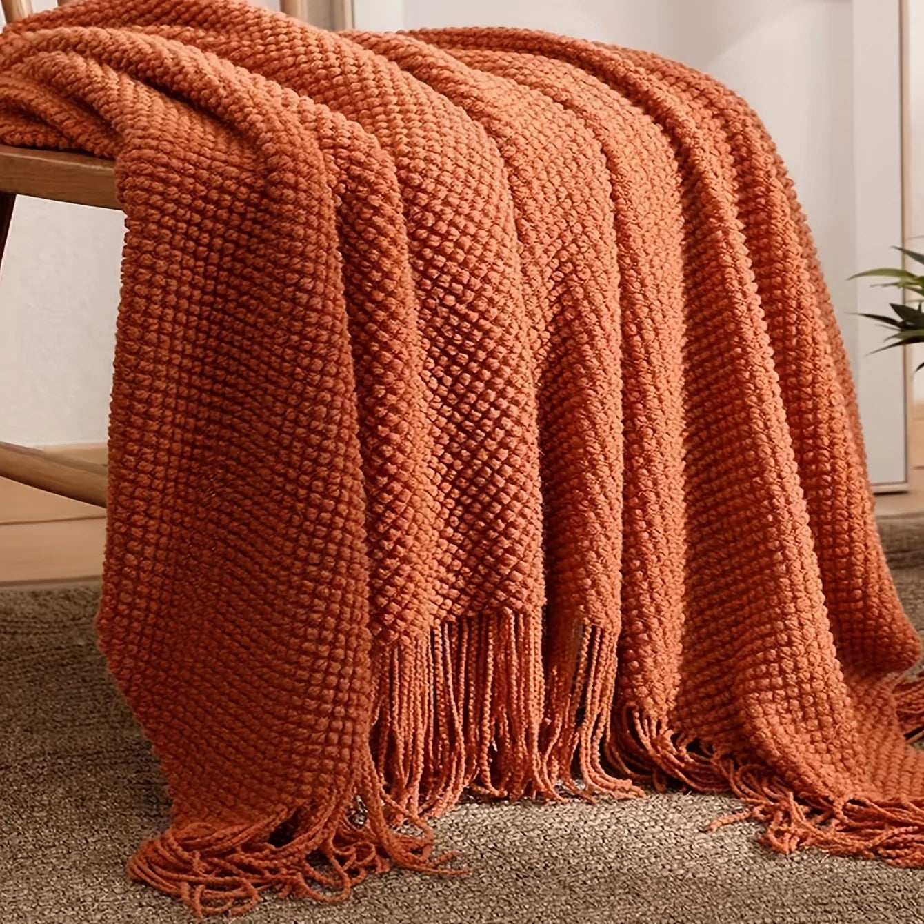 Morandi Orange Knitted Tassel Throw – Soft Warm Blanket for Sofa, Couch, Naps, Camping and Travel