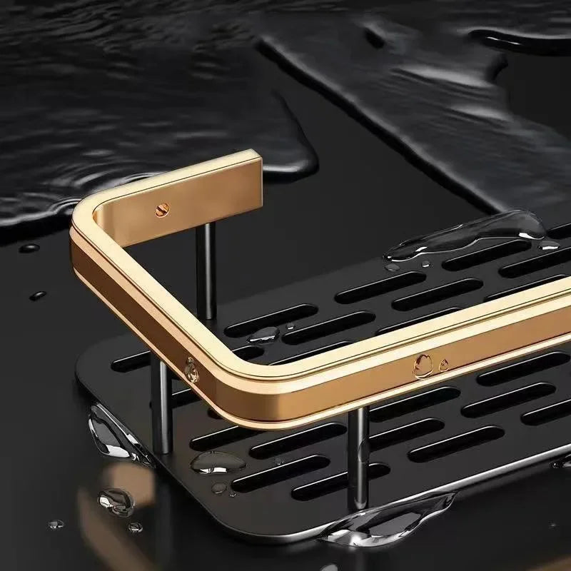 Wall-Mounted Corner Bathroom Shelf – No-Drill Dual-Tier Shower Rack with Towel Holder & Makeup Storage