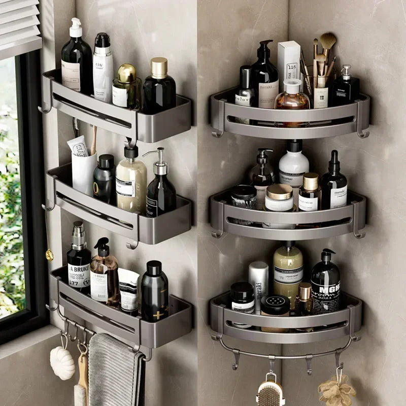Wall-Mounted Corner Bathroom Shelf – No-Drill Dual-Tier Shower Rack with Towel Holder & Makeup Storage