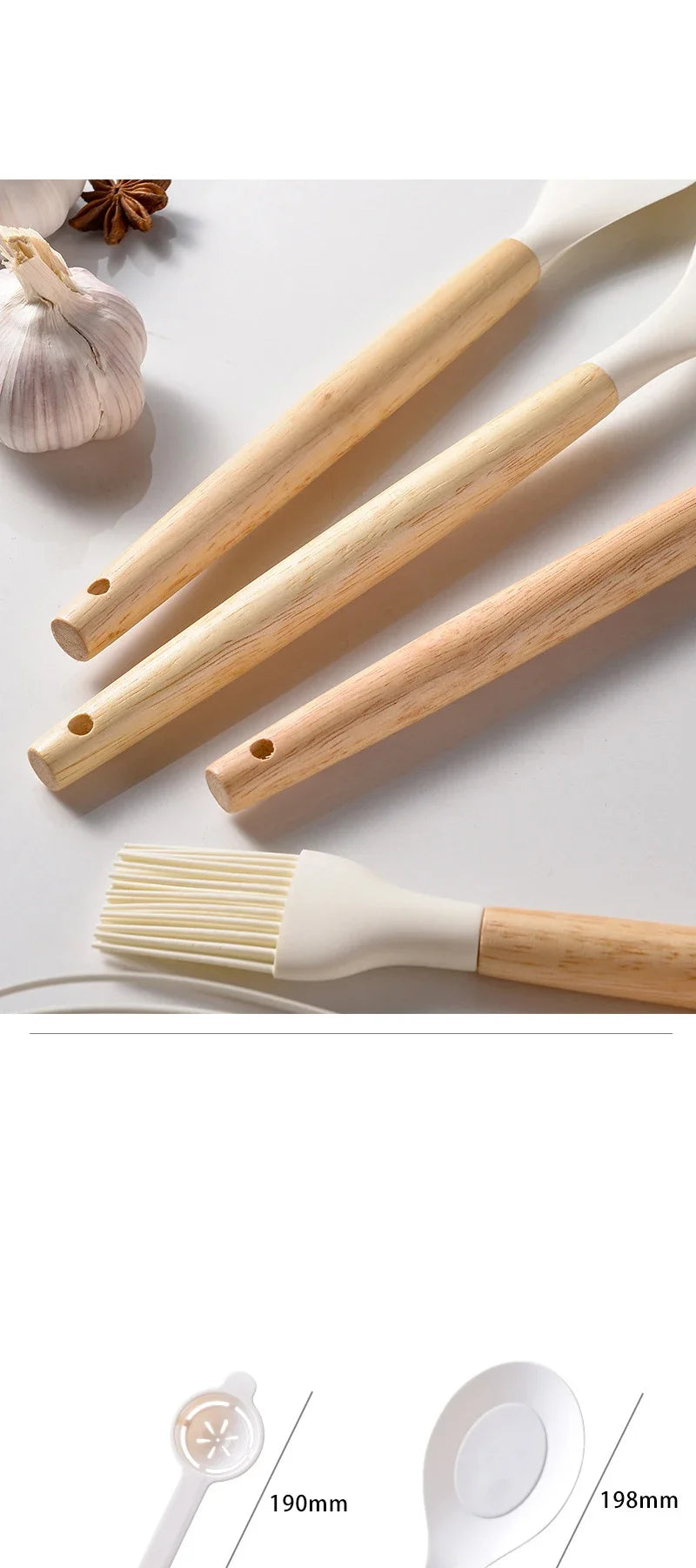 12Pcs Silicone Utensils Set – Non-Stick Kitchen Tools with Wooden Handles - Natural Woods