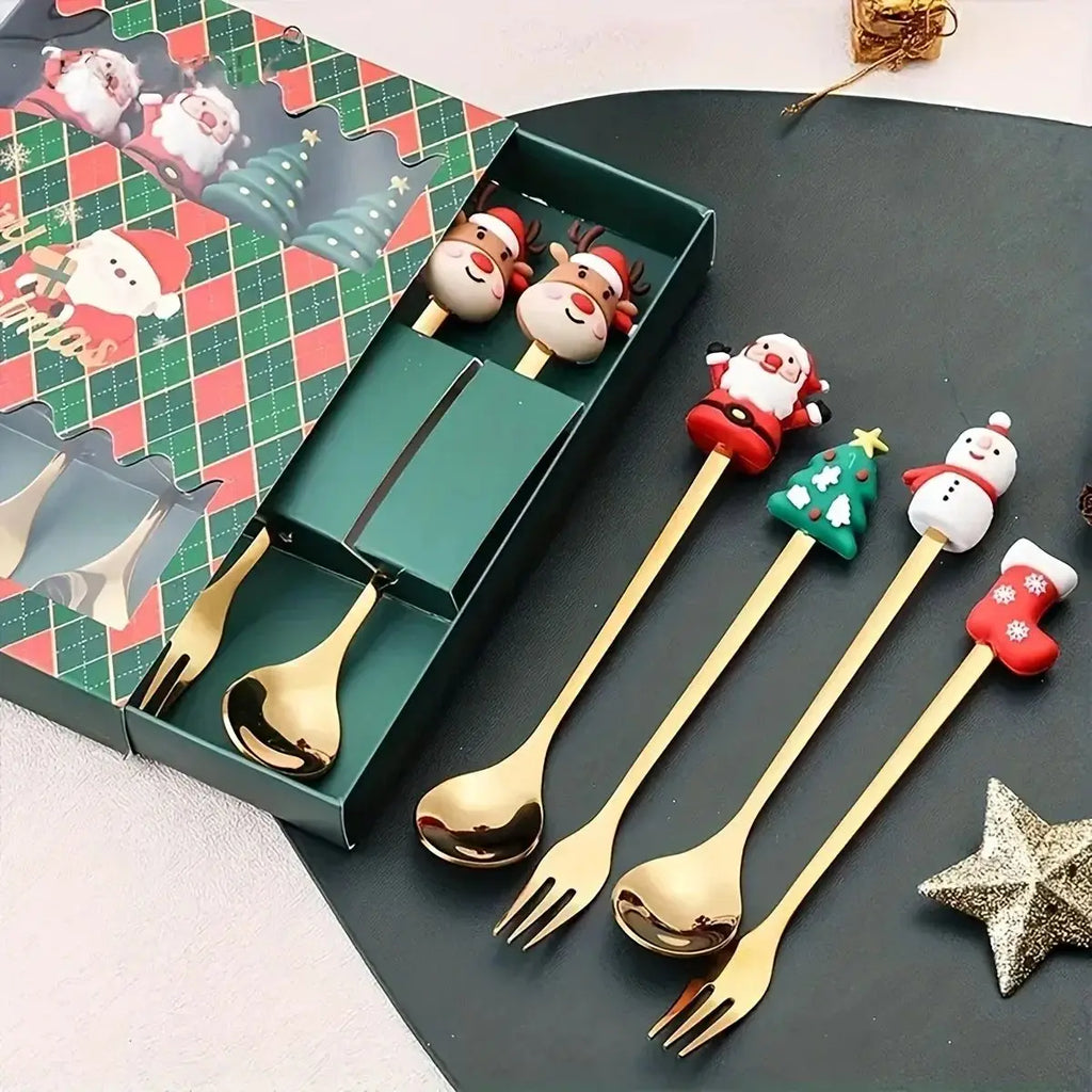 Christmas Themed Stainless Steel Cutlery Set – Creative Cartoon Knife, Fork & Spoon | 2/4/6pcs Festive Holiday Gift & Table Decoration