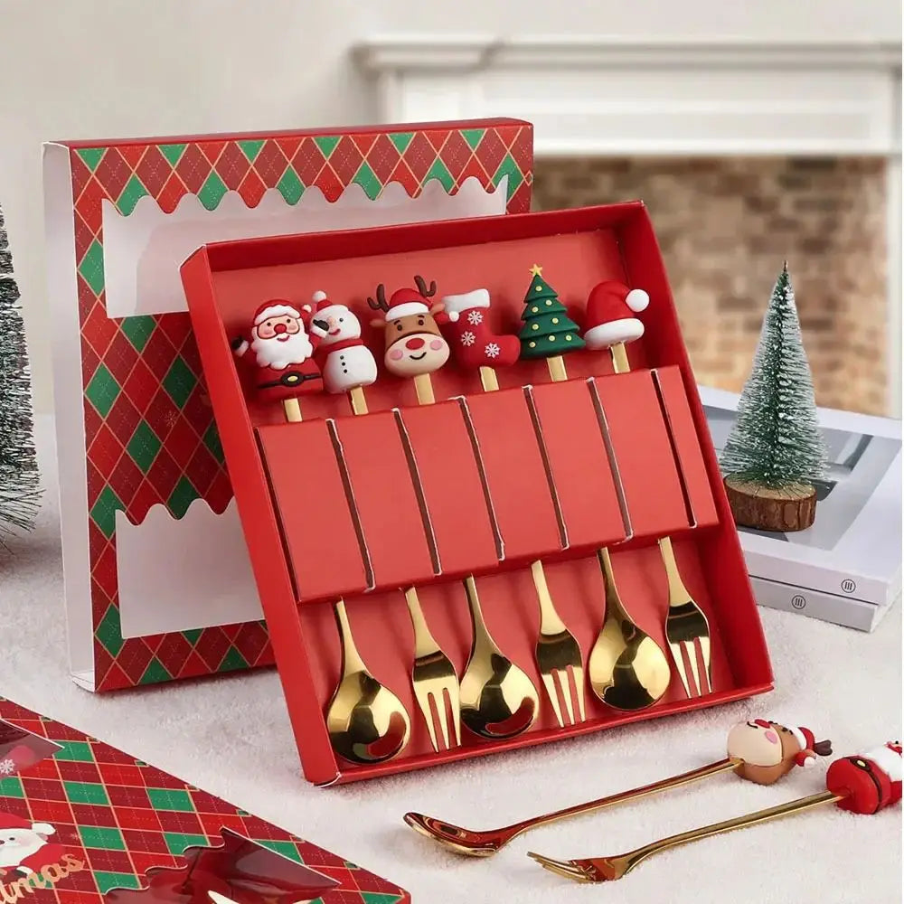 Christmas Themed Stainless Steel Cutlery Set – Creative Cartoon Knife, Fork & Spoon | 2/4/6pcs Festive Holiday Gift & Table Decoration