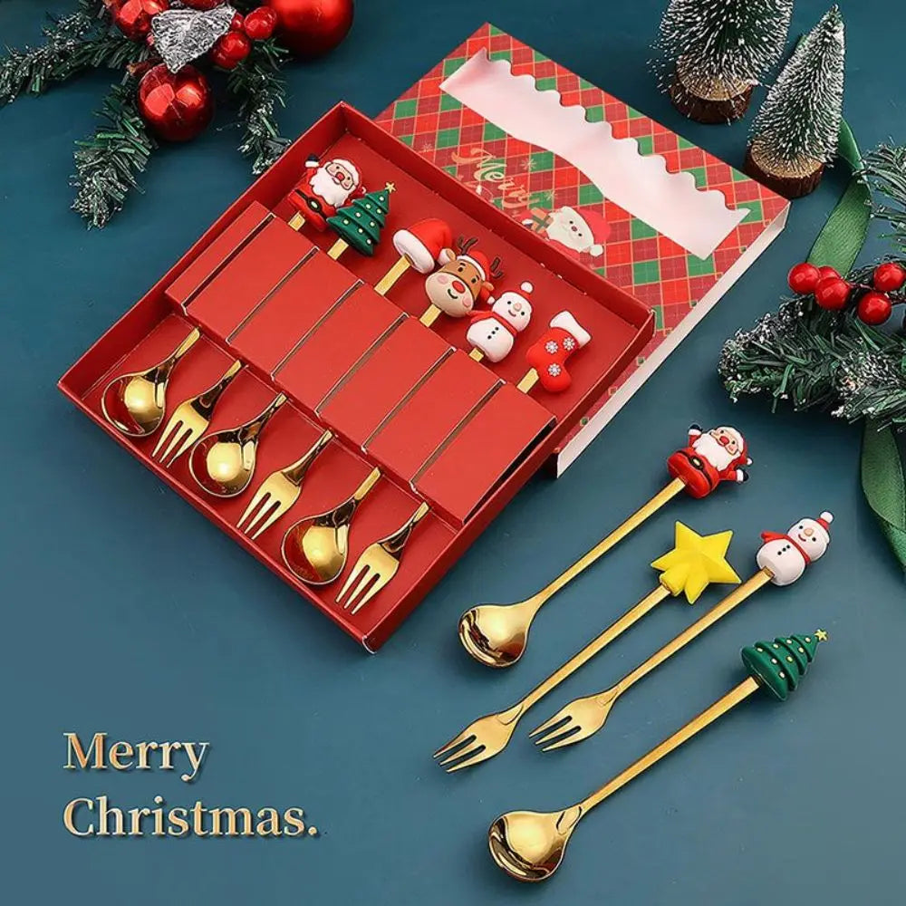 Christmas Themed Stainless Steel Cutlery Set – Creative Cartoon Knife, Fork & Spoon | 2/4/6pcs Festive Holiday Gift & Table Decoration