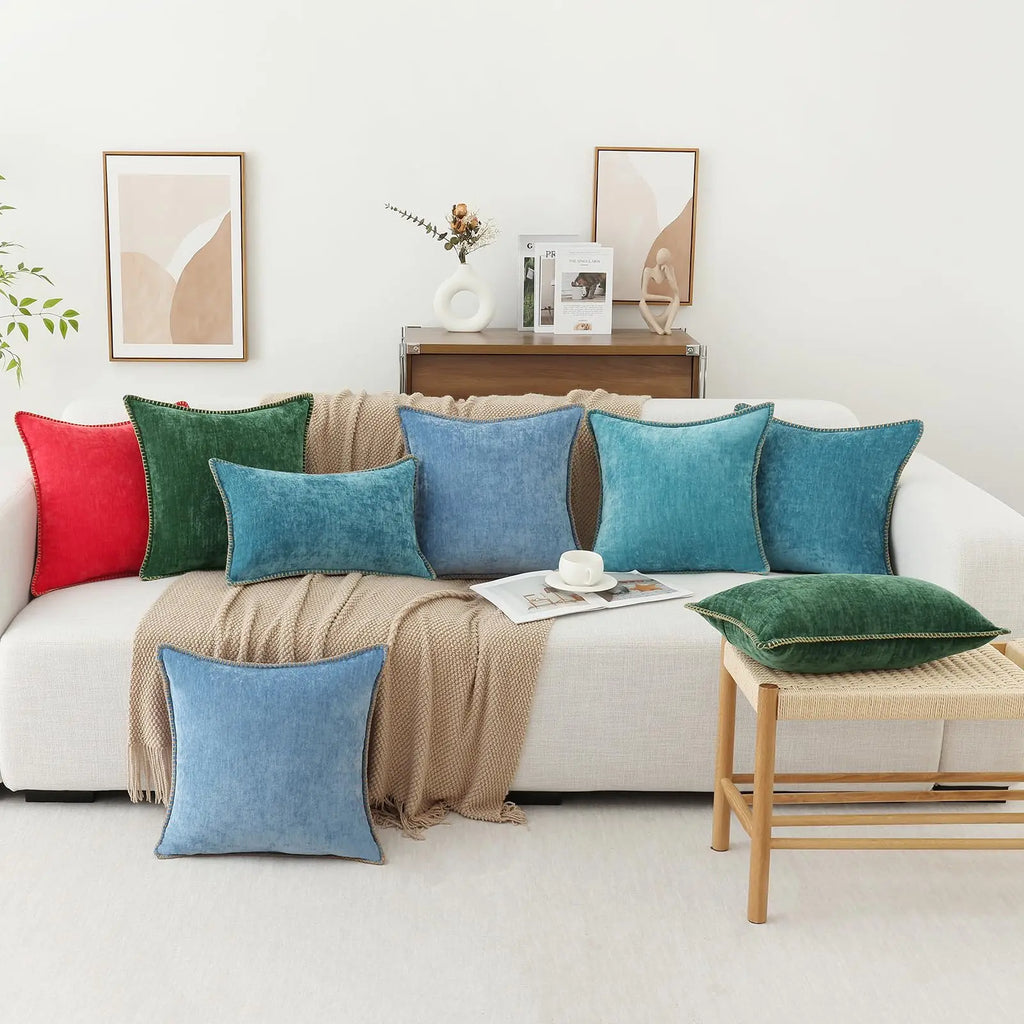 Kitinjoy Chenille Soft Throw Pillow Covers 18x18 – Set of 2 Velvet‑Look Cushion Covers with Stitched Edge for Sofa, Couch and Bed