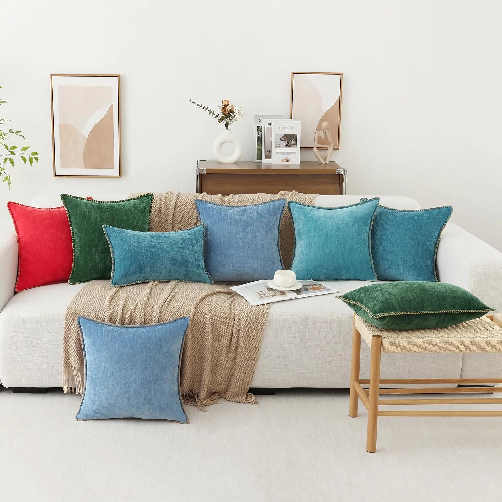 Kitinjoy Chenille Soft Throw Pillow Covers 18x18 – Set of 2 Velvet‑Look Cushion Covers with Stitched Edge for Sofa, Couch and Bed