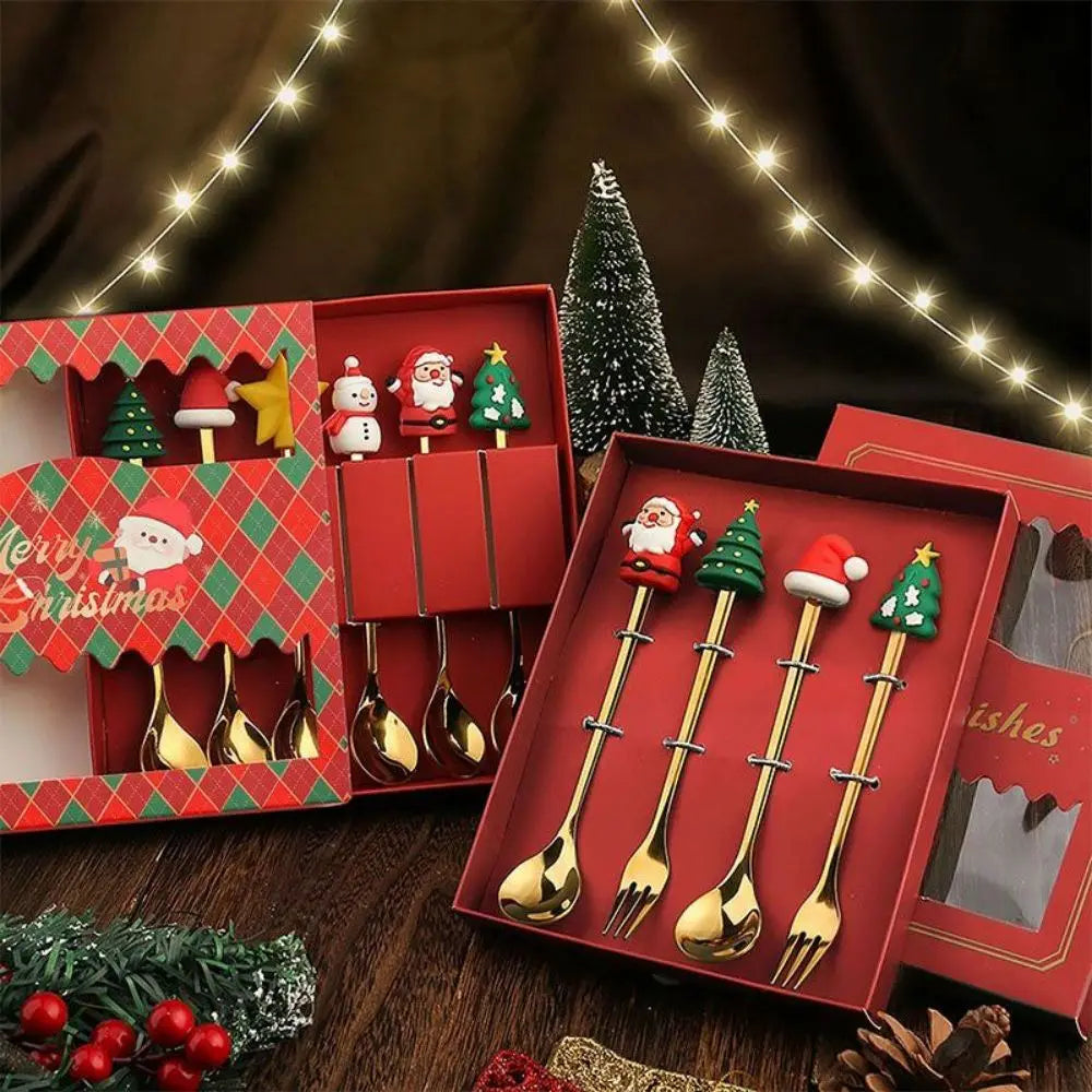 Christmas Themed Stainless Steel Cutlery Set – Creative Cartoon Knife, Fork & Spoon | 2/4/6pcs Festive Holiday Gift & Table Decoration