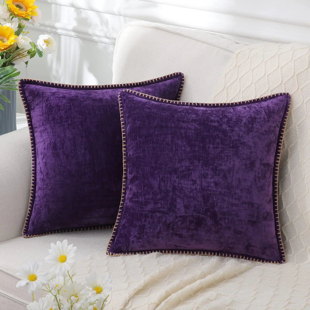 Kitinjoy Chenille Soft Throw Pillow Covers 18x18 – Set of 2 Velvet‑Look Cushion Covers with Stitched Edge for Sofa, Couch and Bed