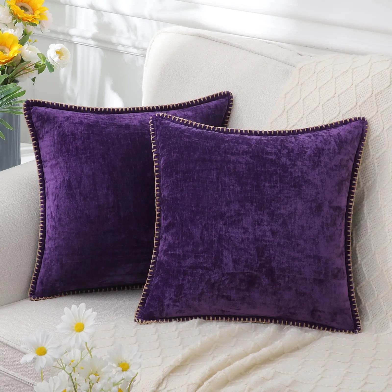 Kitinjoy Chenille Soft Throw Pillow Covers 18x18 – Set of 2 Velvet‑Look Cushion Covers with Stitched Edge for Sofa, Couch and Bed