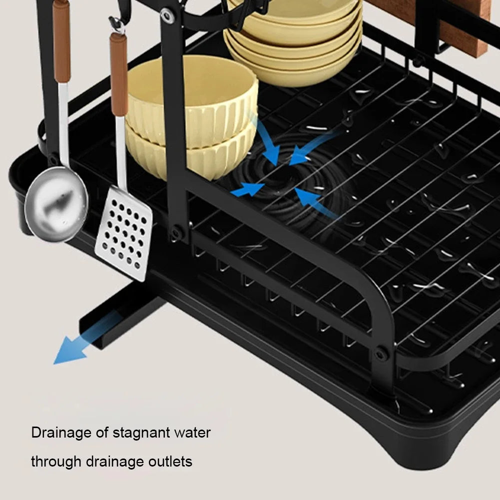 2‑Tier Dish Drying Rack with Drainboard – Metal Dish Drainer with Cutlery Basket and Bowl Storage
