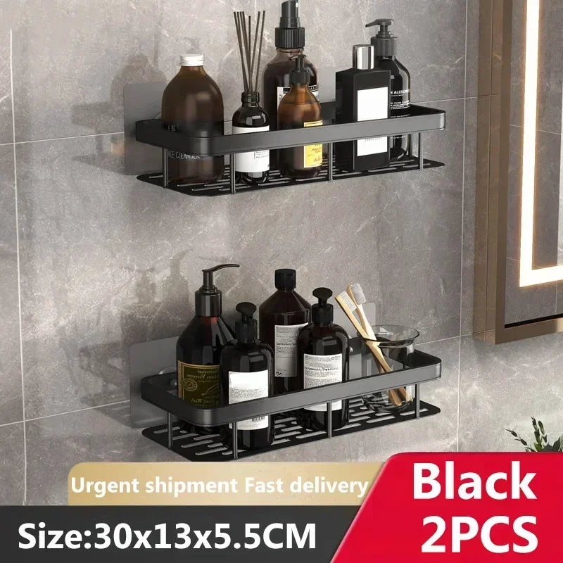 Wall-Mounted Corner Bathroom Shelf – No-Drill Dual-Tier Shower Rack with Towel Holder & Makeup Storage