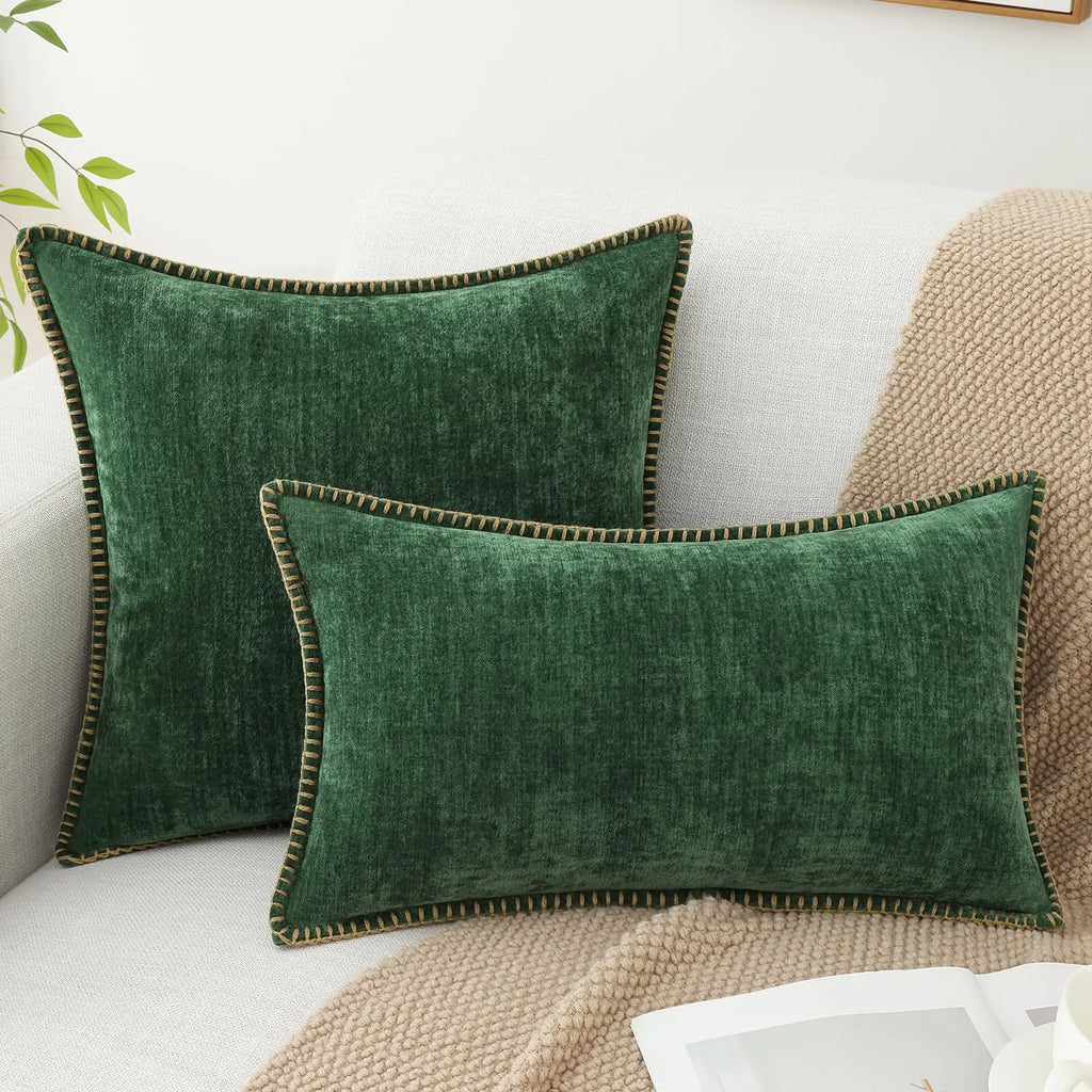 Kitinjoy Chenille Soft Throw Pillow Covers 18x18 – Set of 2 Velvet‑Look Cushion Covers with Stitched Edge for Sofa, Couch and Bed