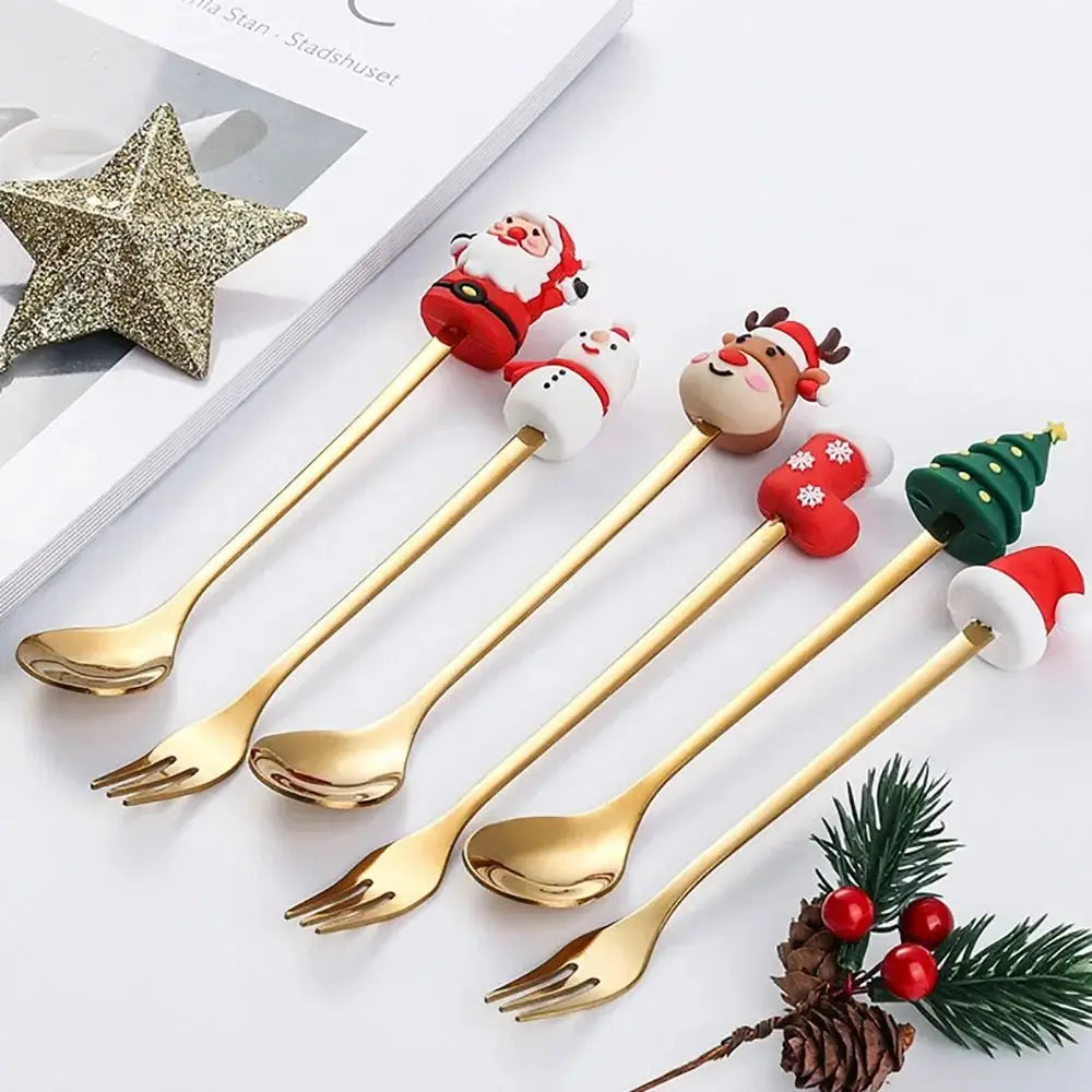 Christmas Themed Stainless Steel Cutlery Set – Creative Cartoon Knife, Fork & Spoon | 2/4/6pcs Festive Holiday Gift & Table Decoration