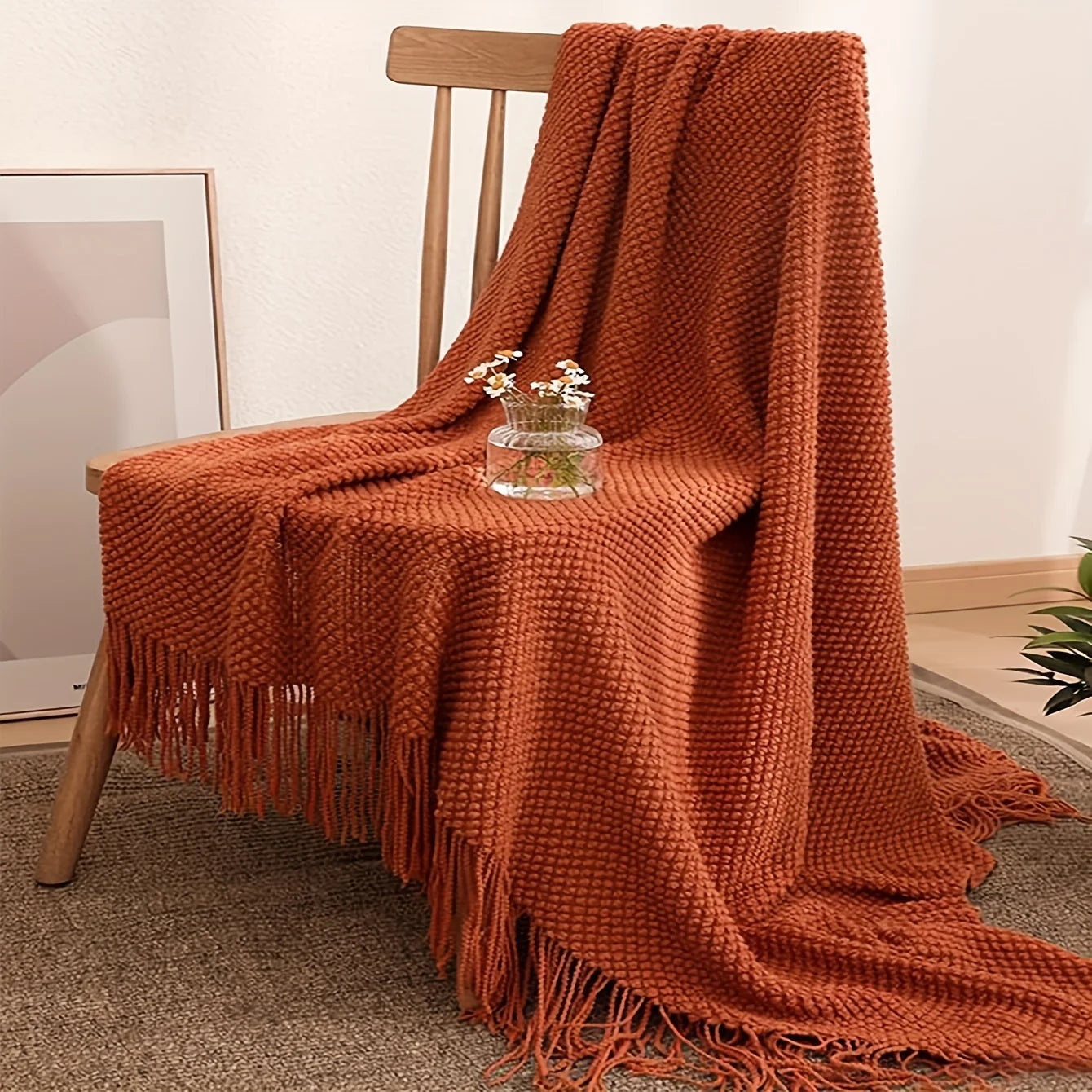 Morandi Orange Knitted Tassel Throw – Soft Warm Blanket for Sofa, Couch, Naps, Camping and Travel